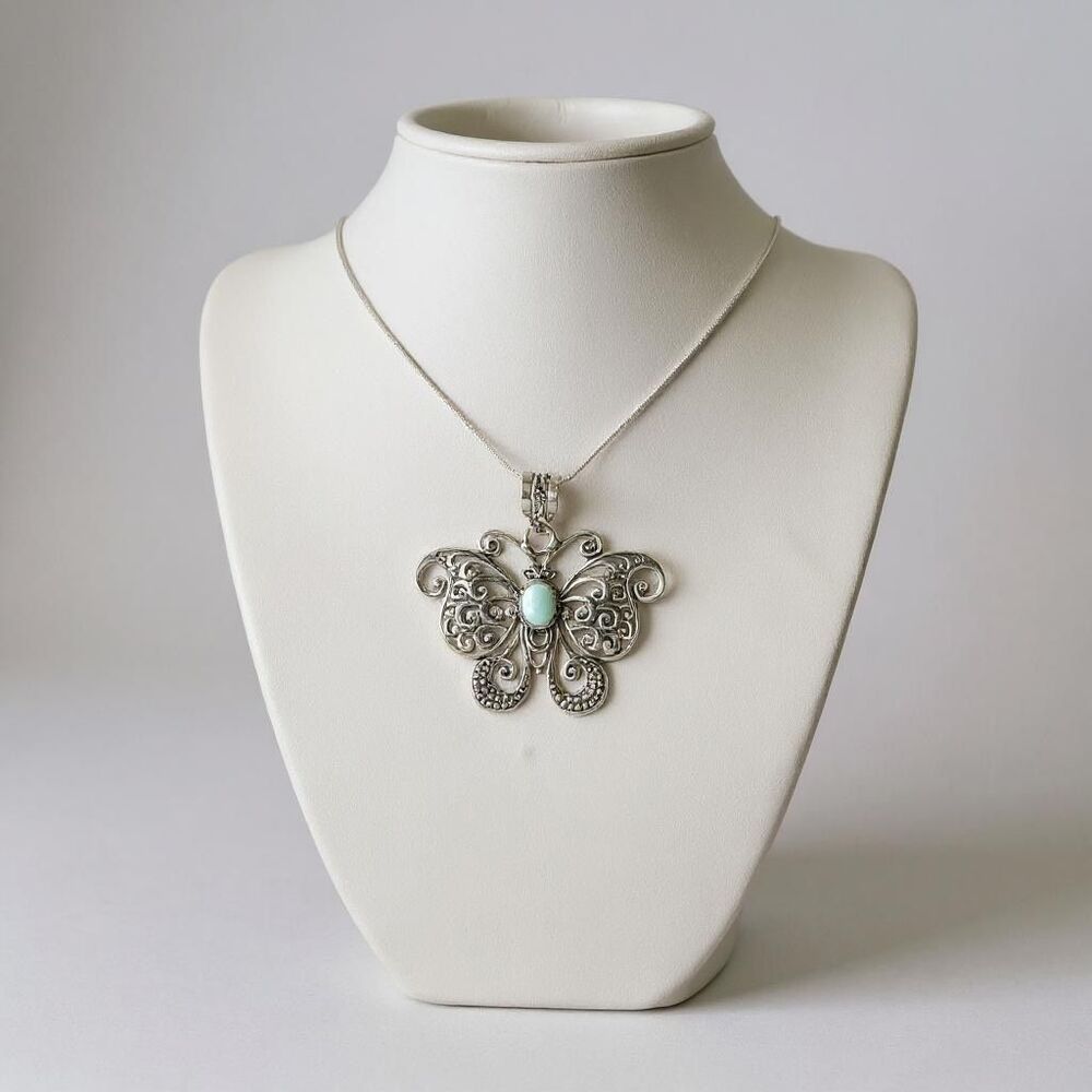 Stunning Larimar Butterfly Pendant Necklace – Silver Bali Filigree Design